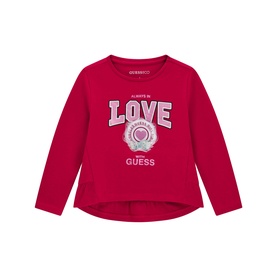 Guess children's Cherry Passion long-sleeve T-shirt with glitter "Always in Love" graphic print and high-low hem