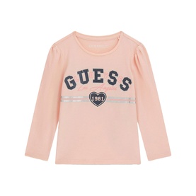 Guess children's long-sleeve T-shirt in Blush Breeze with glitter logo and heart graphic on chest