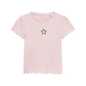 Guess children's T-shirt in Polly Pink with gold star graphic, lettuce-edge trim on sleeves and hem, short puff sleeves