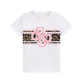 Guess white short-sleeve kids T-shirt with pink logo and leopard print stripe detail across the chest