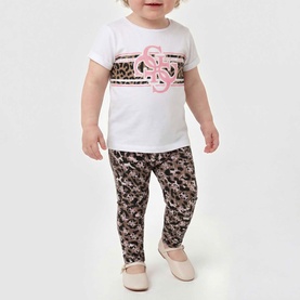 Toddler wearing white Guess logo T-shirt with leopard print stripe and black floral leggings, styled with pink shoes