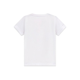 White children's short-sleeve crew neck T-shirt, back view showing plain white fabric and rolled sleeves