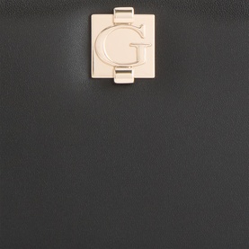 Guess black wallet close-up showing gold-tone G logo clasp detail on smooth faux leather exterior