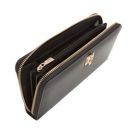 Guess black zip-around wallet in polyurethane with gold-tone zip, open to reveal interior card slots and compartments