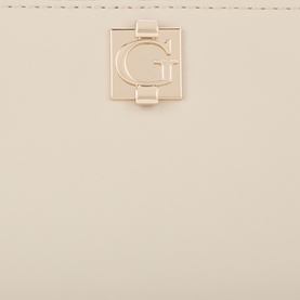 Guess Audrey Large Zip-Around Wallet in light taupe with gold-tone logo clasp detail, close-up view of front hardware.