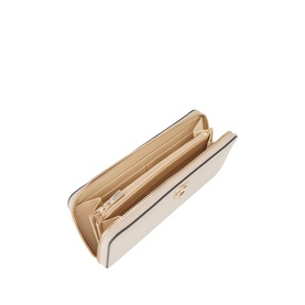 Guess Audrey Large Zip-Around Wallet in light taupe, open to reveal interior compartments, gold-tone zip hardware, faux leather finish