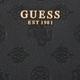 Guess Ella Large Zip-Around Wallet in black logo PU, close-up showing embossed monogram pattern and gold-tone logo hardware