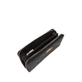 Guess Ella Large Zip-Around Wallet in black logo monogram jacquard, open view showing interior, gold-tone zip hardware