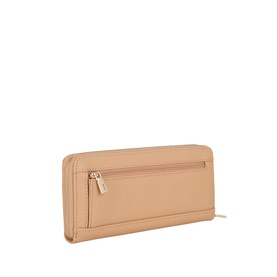 Guess beige wallet with gold-tone zip, exterior zip pocket, and textured faux leather finish