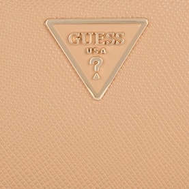 Guess beige wallet close-up showing gold-tone triangular logo badge on saffiano-effect textured surface