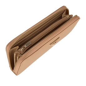 Guess beige zip-around wallet open showing multiple card slots and compartments, gold-tone zipper detail
