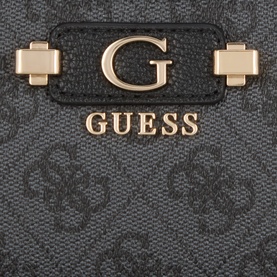 Guess wallet in coal logo print with gold-tone G logo hardware and brand lettering detail on dark grey monogram exterior