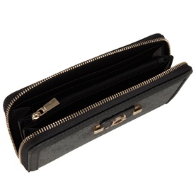 Guess wallet in coal logo, open to reveal multiple card slots and inner zip compartment, with gold-tone zipper detail