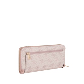 Guess wallet in orchid logo print, zip-around continental style with gold-tone zip pull and rear slip pocket.
