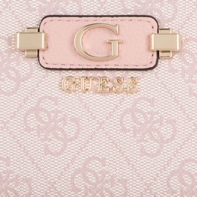 Guess wallet in Orchid Logo print with gold-tone G logo hardware and branded strap detail, pink monogram coated exterior