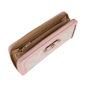 Guess Wallet in Orchid Logo, open zip-around style showing multiple card slots and beige interior with gold-tone hardware