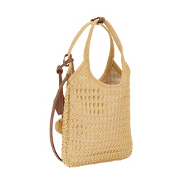 Miu Miu Natural crochet tote bag with open weave design, short top handles and tan leather crossbody strap