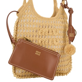 Miu Miu Natural crochet tote bag with tan leather handles and logo charm, styled with matching tan leather cardholder