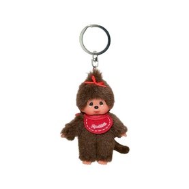Monchhichi Key Ring, brown plush monkey charm with red bib and bow, silver keyring attachment, small size