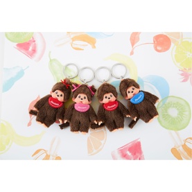 Monchhichi Key Ring keychains in assorted colours, set of four brown monkey plush charms with coloured bibs on silver rings
