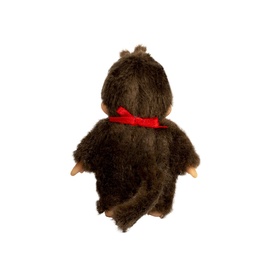 Monchhichi Key Ring soft toy, rear view, dark brown fluffy monkey with red bow at neck