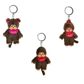 Monchhichi Key Ring set of three assorted plush monkey keyrings in brown with pink and red bibs, on silver split rings