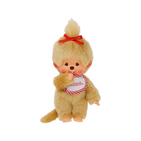 Monchhichi cream plush soft toy with red bow, gingham bib, and tuft of hair, small size