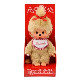 Monchhichi cream plush soft toy in red branded box, with red bow, white bib, and fluffy topknot detail