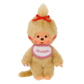 Monchhichi cream plush toy with red hair bow and branded bib, small monkey character with fluffy fur