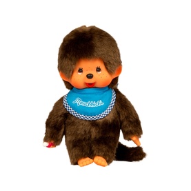 Monchhichi brown plush monkey toy wearing a blue chequered bib, medium size, soft fluffy fur with cute facial features