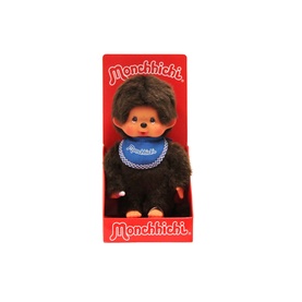 Monchhichi plush toy in dark brown with blue bib, seated, displayed in red branded box. Small size.