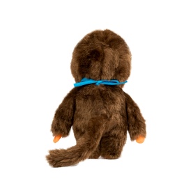Monchhichi plush soft toy in brown with blue neck ribbon and orange hands, shown from the back, small size.