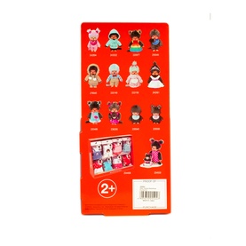 Monchhichi plush blind box packaging in red, showing grid of 15 collectable mini doll figures, suitable for ages 2+