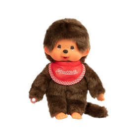 Monchhichi brown plush monkey toy wearing red gingham bib with Monchhichi logo, seated pose with tail visible
