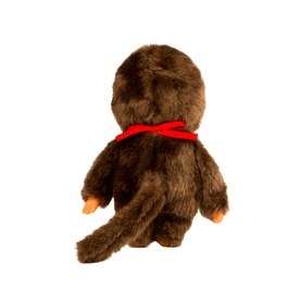Monchhichi plush toy, rear view, dark brown fluffy body with red bow at neck and small tail visible.