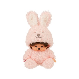 Monchhichi plush soft toy in pink bunny costume with long ears, seated pose, with gold tag detail