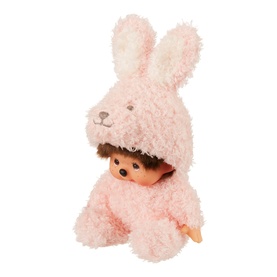 Monchhichi plush toy in pink bunny costume with floppy ears, seated pose, soft fluffy texture