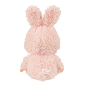 Monchhichi pink fluffy bunny plush toy, rear view, with small woven label, medium size
