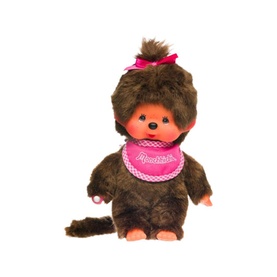 Monchhichi brown plush monkey toy with pink bow and pink branded bib, seated pose, soft fluffy texture