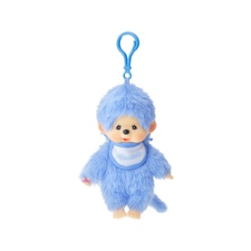 Monchhichi blue fluffy plush keyclip toy with bib, small monkey character with clip fastening for bag attachment