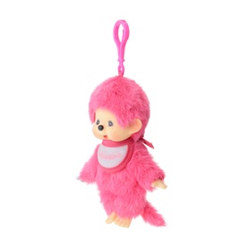 Monchhichi pink fluffy monkey plush keyring clip-on toy with white bib and pink bow, small size
