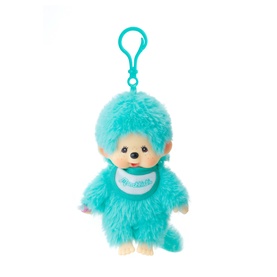 Monchhichi teal fluffy plush keychain clip toy with bib detail, small size