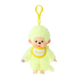 Monchhichi plush keyring clip in pale yellow, small monkey character with white bib and yellow carabiner clip attachment