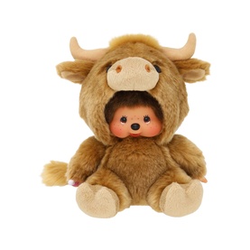 Monchhichi brown highland cow plush toy, seated with furry costume, horns, and cute face detail