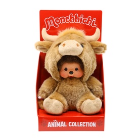 Monchhichi Animal Collection brown highland cow plush toy in branded red display box, soft fluffy horned costume design
