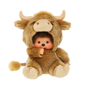Monchhichi brown highland cow plush toy, seated with horns and hooves, holding a carrot, medium size