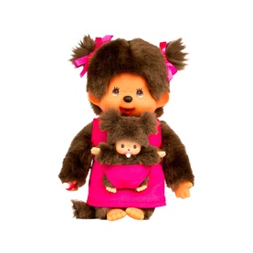 Monchhichi pink plush girl doll with brown fur, pigtails, and pink bow, holding a small baby Monchhichi figure