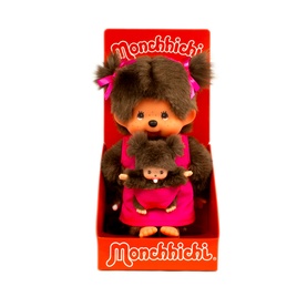 Monchhichi pink plush soft toy in red display box, large monkey doll holding small baby figure, both with brown fur and pink outfits