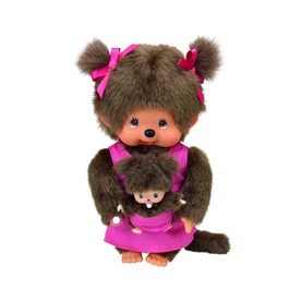 Monchhichi pink plush soft toy, brown monkey character with pink bow and dress, holding a small baby Monchhichi figure