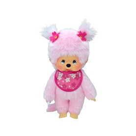 Monchhichi pink plush soft toy with floral bib, white ear tufts, and pink bow hair clips, small size